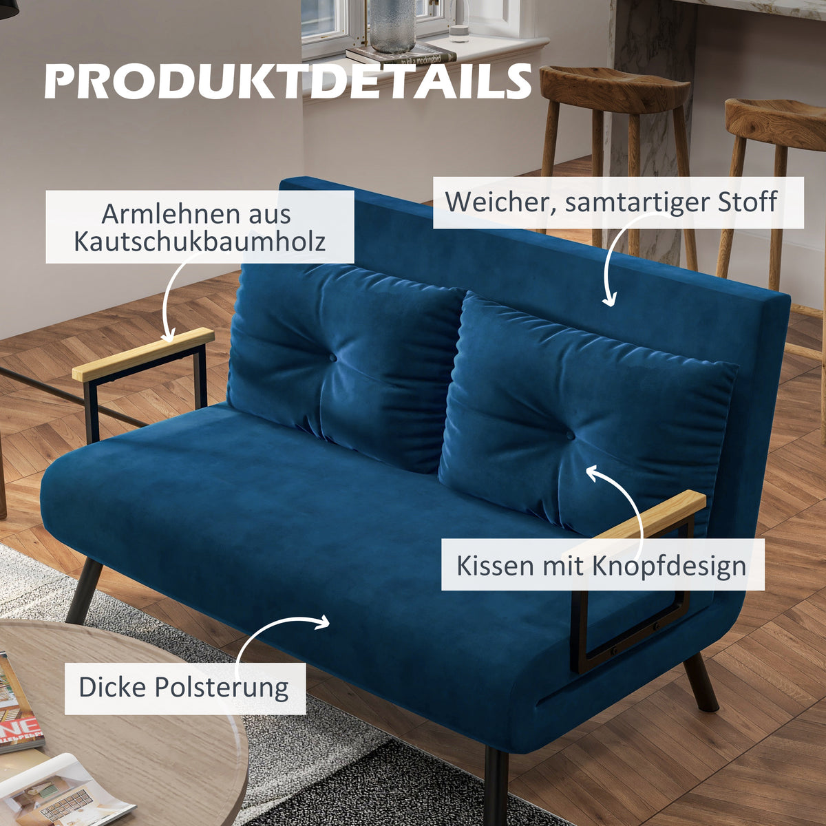 HOMCOM Schlafsofa 2er-Sofa Samtsofa, Schlaffunktion, inkl. 2 Kissen, Samtoptik, Natur + Blau – Produktabbildung 6
