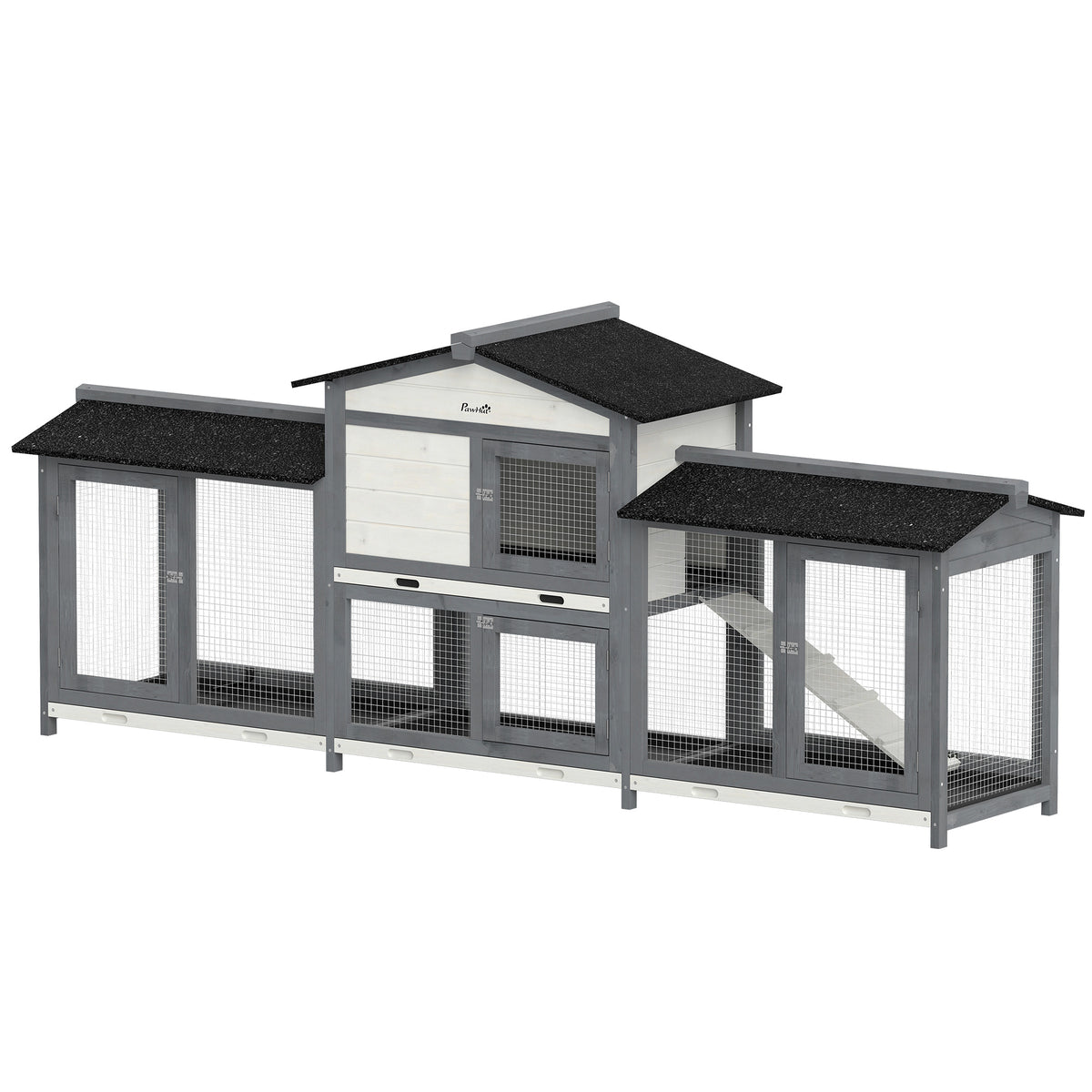 PawHut Hasenstall 2 Etagen Kaninchenstall Holz 230 x 53 x 93,5 cm Winterfest mit Asphaltdach Freilaufgehege