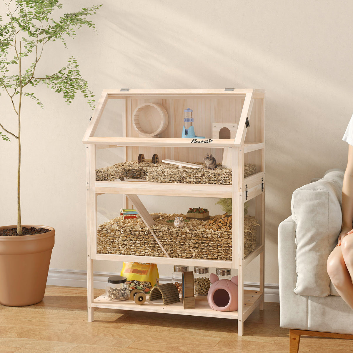 PawHut Hamsterkäfig aus Holz 3 Etagen Nagerkäfig mit abnehmbar Boden Ablage Laufrad Wippe Rampe Hütte – Produktabbildung 2