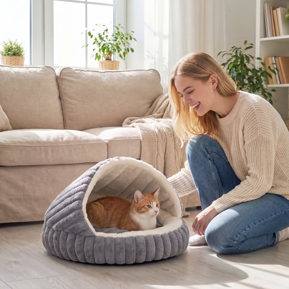 PawHut Katzenbett Plüsch Katzenhöhle mit abnehmbarem Kissen, Rutschfester Boden, Waschbar Katzenkorb – Produktabbildung 2