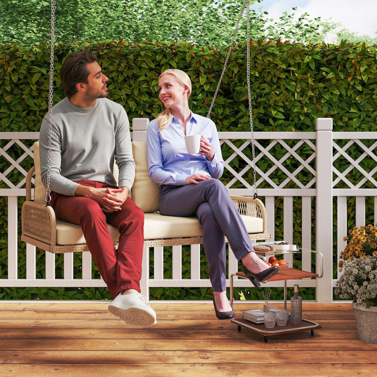 Outsunny Hollywoodschaukel 2-Sitzer Rattan Gartenschaukel mit Kissen Ketten bis 240 kg 115 x 66 x 44 cm – Produktabbildung 2
