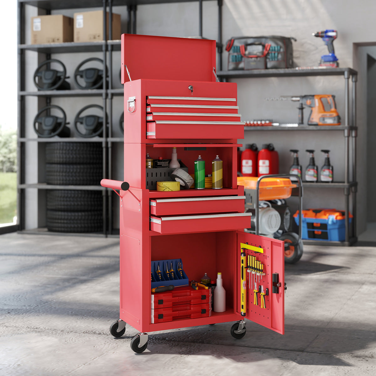 HOMCOM Rollbarer Werkzeugschrank, 6 Schubladen, 2 Schränke, Stahl, verschließbar, Rot – Produktabbildung 10