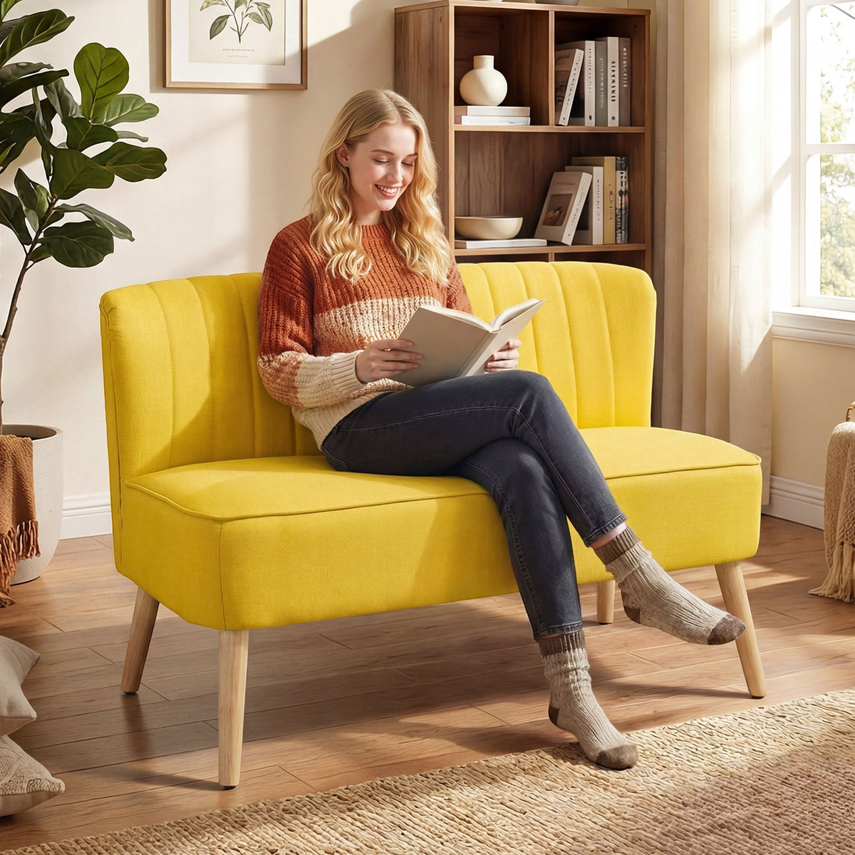 HOMCOM 2-Sitzer Sofa, weiche Polsterung, pflegeleichter Bezug, bis 220 kg, 117 x 56,5 x 77 cm, Gelb – Produktabbildung 2
