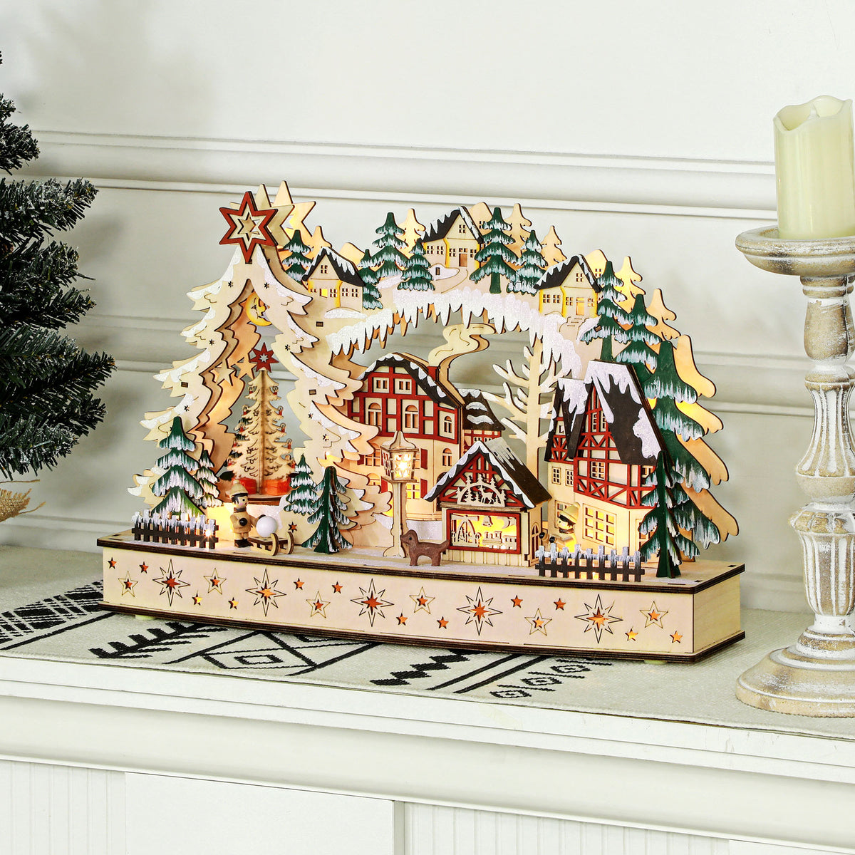 HOMCOM Weihnachtsdorf im Winterwunderland, 20 LED-Lichter, mehrschichtig, Naturholz, 45 x 12 x 30 cm – Produktabbildung 2