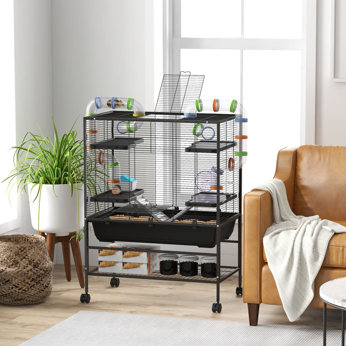PawHut Hamsterkäfig mit Röhren, Laufrad, Häuschen, Wasserspender, Ablagefläche, Schwarz – Produktabbildung 2