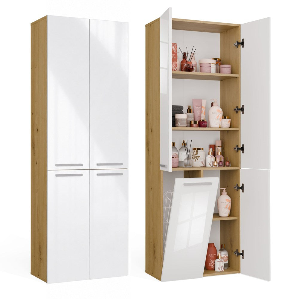 Badezimmerschrank NEL 1K DD Regal Hochschrank Wäschekorb EICHE ARTISAN / WEISS HOCHGLANZ