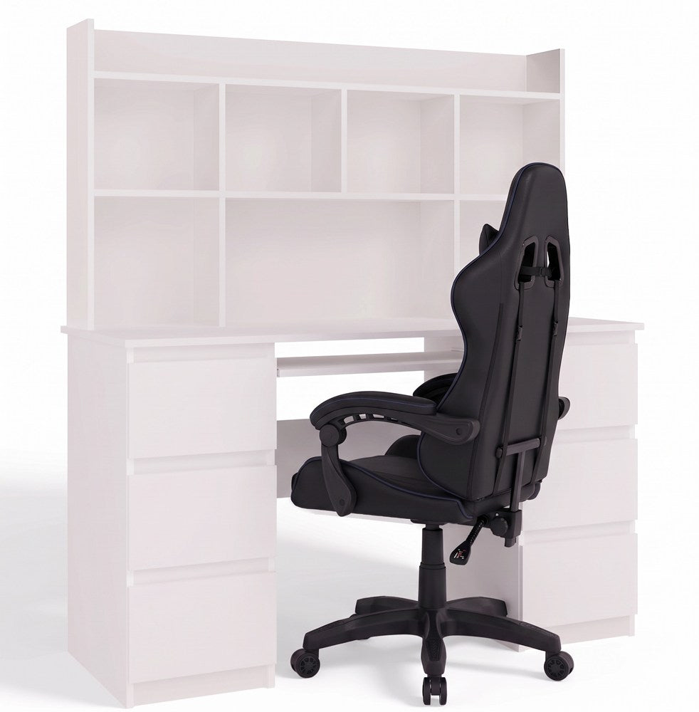 Schreibtisch KUBA MIT AUFSATZ WEISS + Sessel SCHWARZ REMUS Set 6 Schubladen