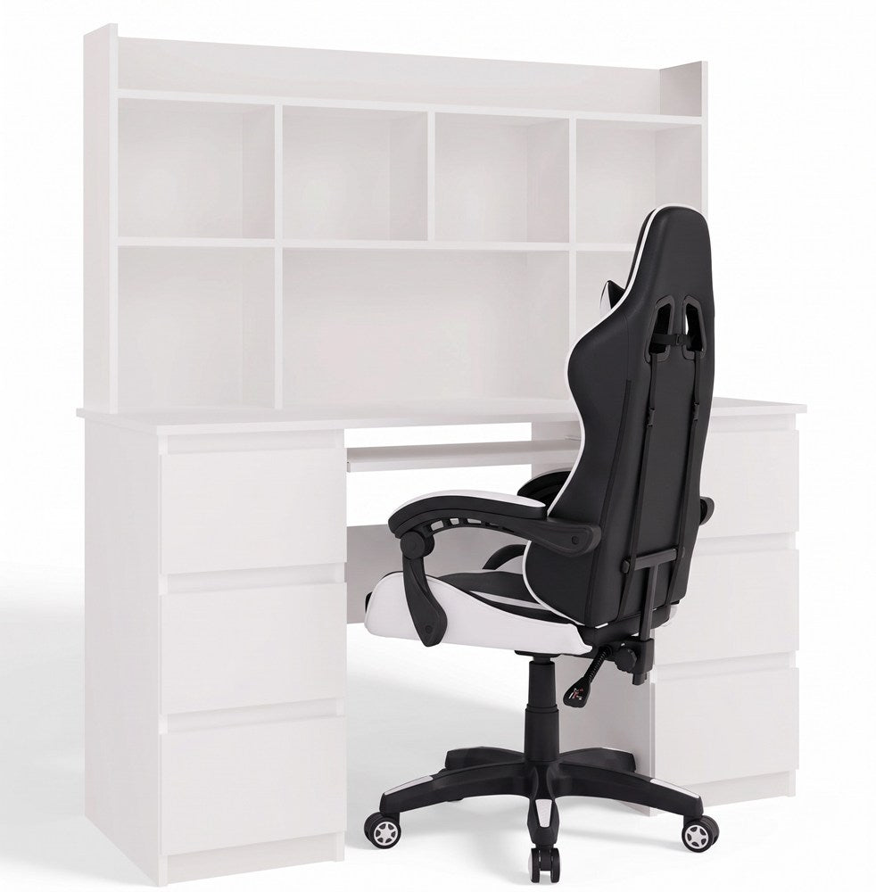 Schreibtisch KUBA MIT AUFSATZ WEISS + Sessel REMUS WEISS Set 6 Schubladen