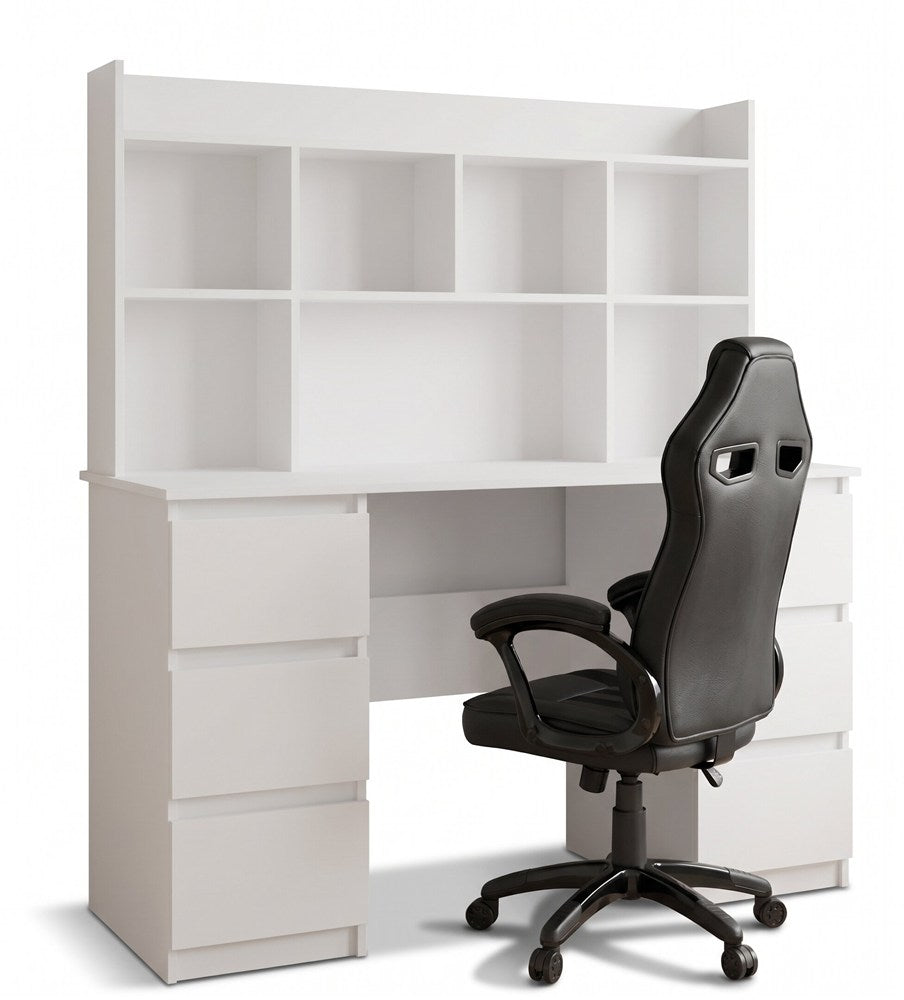 Schreibtisch KUBA MIT AUFSATZ WEISS + Sessel DRIFT SCHWARZ Set 6 Schubladen
