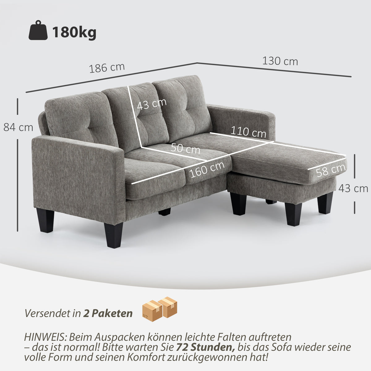 HOMCOM Ecksofa, Eck-Couch mit umkehrbarer Chaiselongue, Sofa in L-Form, Bezug in Leinenoptik, 186 x 130 – Produktabbildung 3