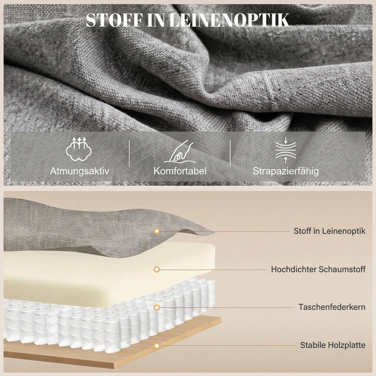 HOMCOM Massagesessel mit Aufstehhilfe, Relaxsessel, Vibrationsköpfe, mit Neigefunktion, Leinenoptik – Produktabbildung 6