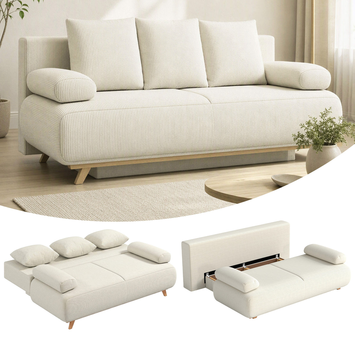 HOMCOM Schlafsofa mit verstellbarer Rückenlehne, Bettfunktion, verstecktem Stauraum und Cordbezug, Beige – Produktabbildung 2