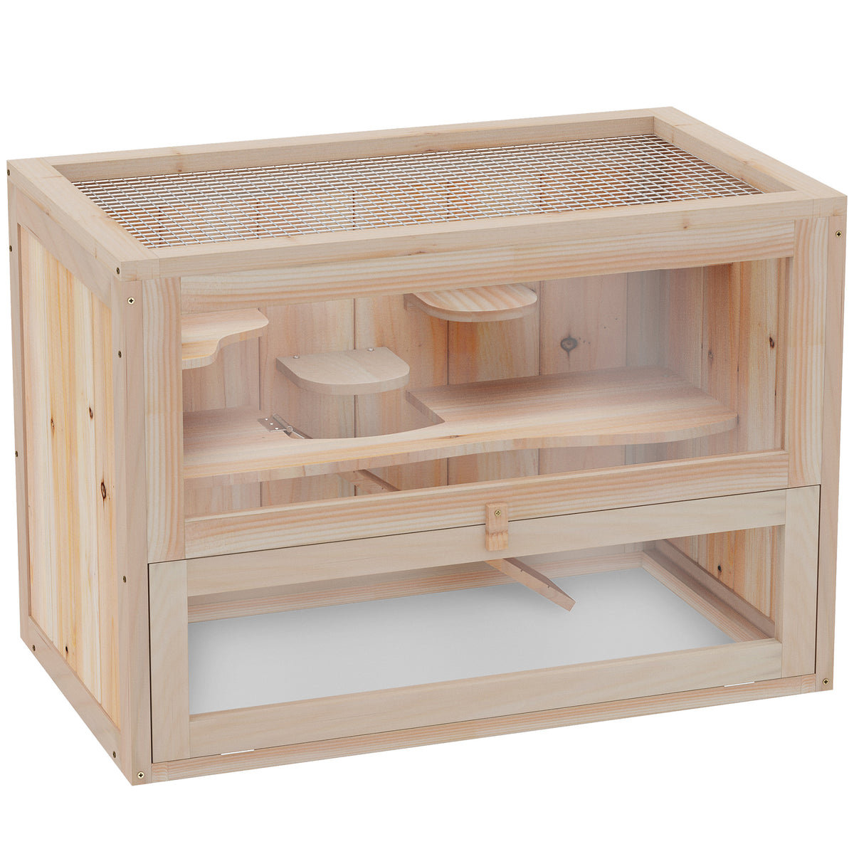 PawHut Hamsterkäfig aus Holz 2 Etagen 60 x 35 x 42 cm Nagerkäfig Kleintierkäfig mit aufklappbarem Gitterdach
