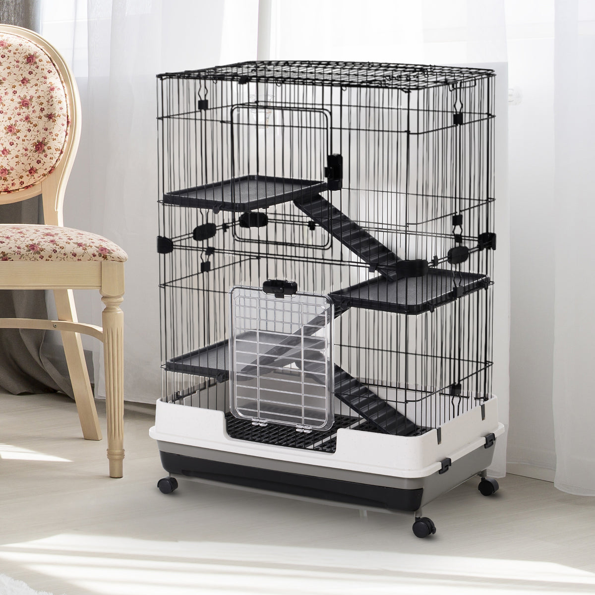 PawHut Kleintierkäfig mit 4 Räder Käfig 3 Öffnungen 2 Plattformen Metall Schwarz 81,2 cm x 52,7 cm x 110 – Produktabbildung 2