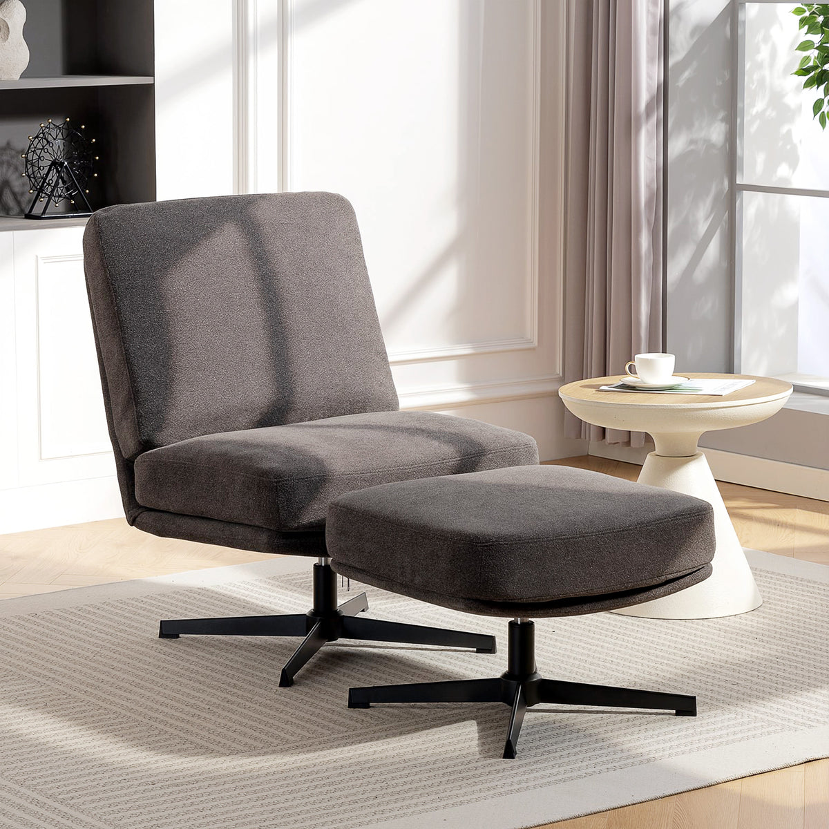 HOMCOM Sessel mit Hocker Drehbar Loungesessel mit Leinenoptik für Wohnzimmer Dunkelgrau – Produktabbildung 2