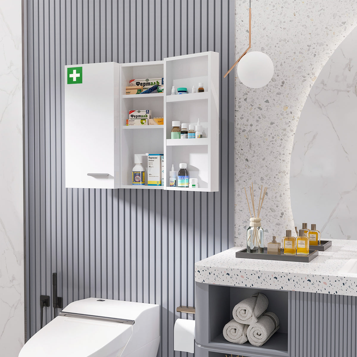 KleanKin Medizinschrank, 6 Innenfächer, abschließbar, 2 Türen, stabiles Stahlgehäuse, weiß, 55 x 18 x 60 – Produktabbildung 2