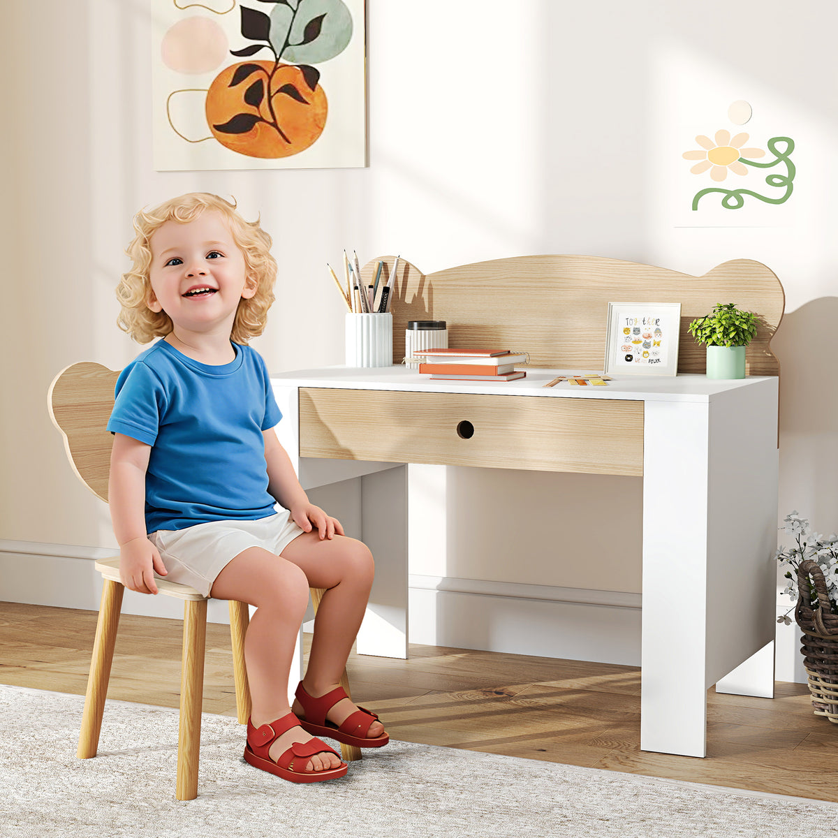 Schreibtisch-Set für Kinder, Arbeitstisch und Stuhl mit Bärenform, Schublade, zum Schreiben und Basteln – Produktabbildung 2