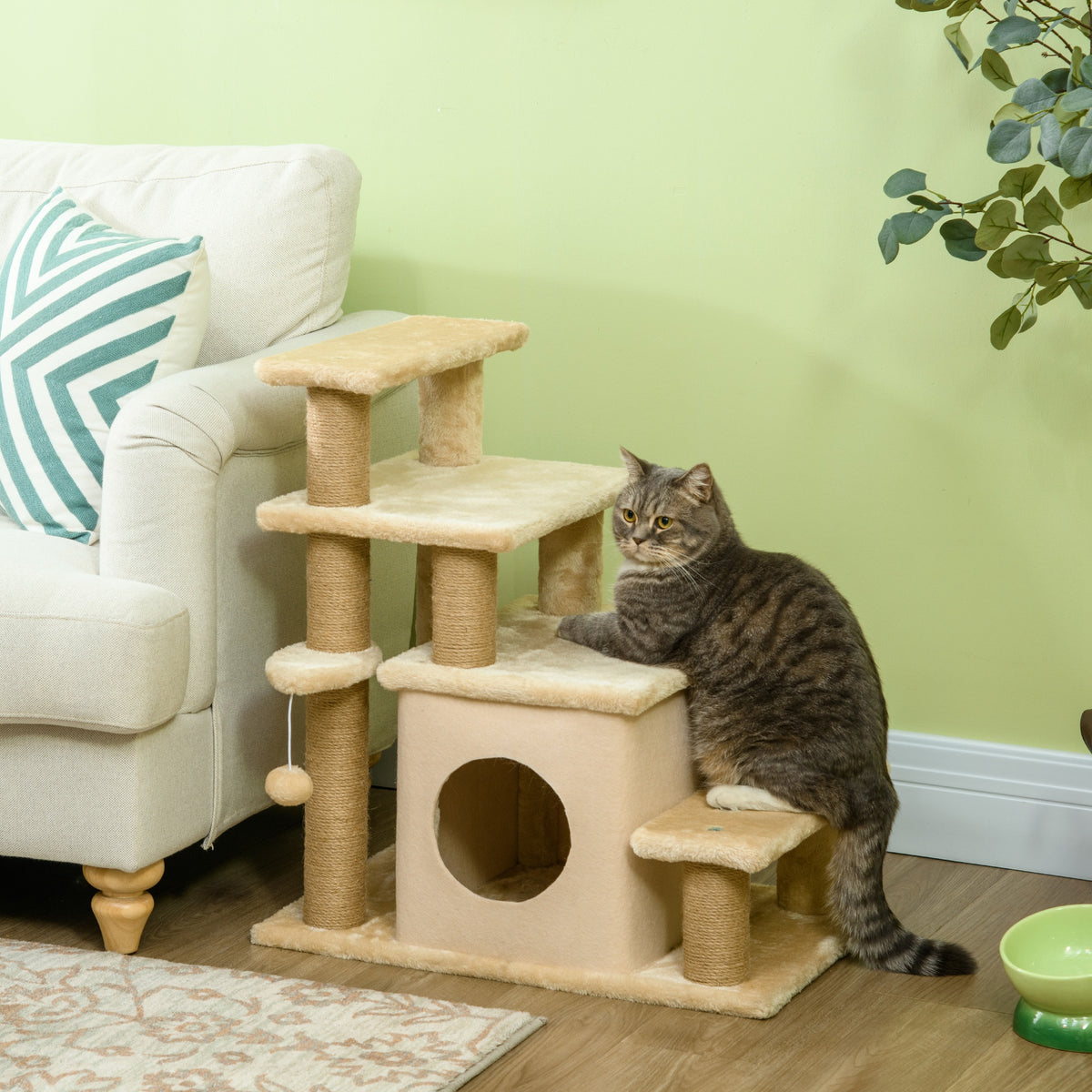 PawHut Haustiertreppe, Kratzbaum, 4 Stufen, Spielball, Häuschen, höhenverstellbar, 60 x 40 x 66 cm – Produktabbildung 2