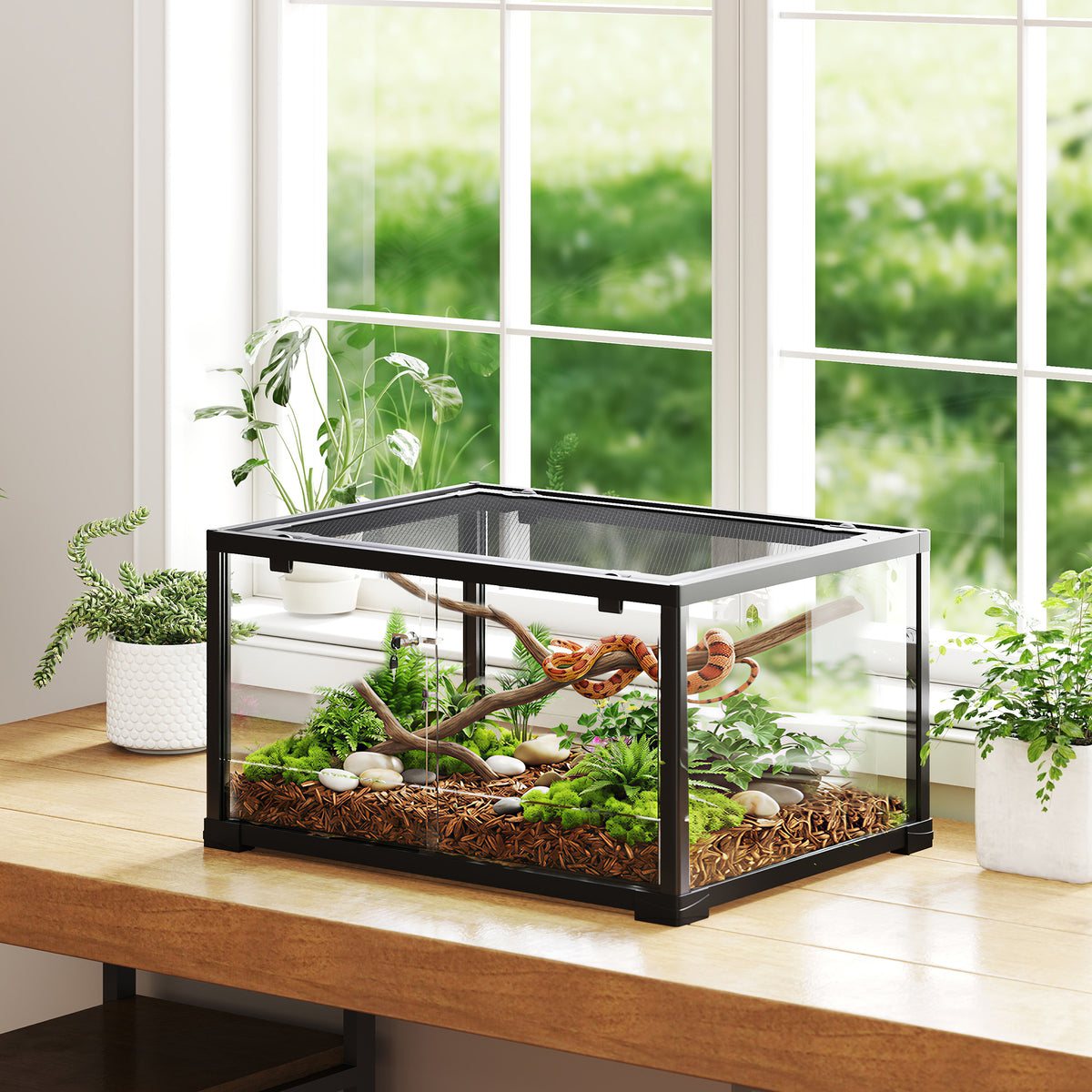 PawHut Reptilien-Terrarium, 86 Liter Vivarium mit Schiebetür, verschließbar, für Echsen, Insekten – Produktabbildung 2