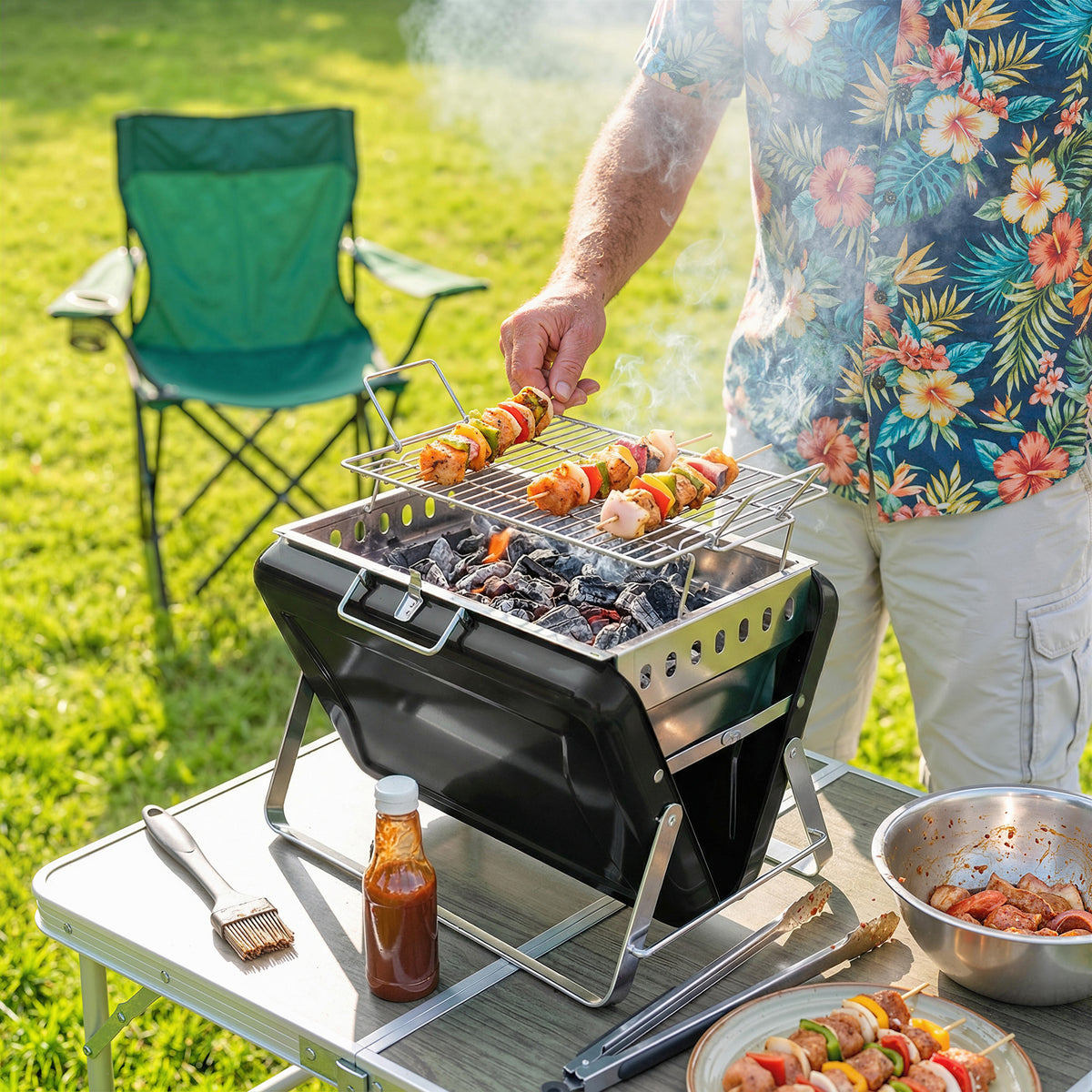 Outsunny Holzkohlegrill aus Edelstahl BBQ Smoker mit Grillrost Griff klappbaren Beinen für Barbeque – Produktabbildung 2