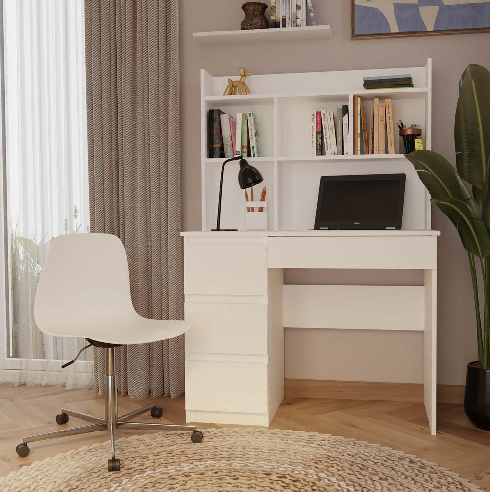 Schreibtisch MIJAS Links mit Aufsatz Mattweiß 4 Schubladen 4 Regale für Büro Zimmer – Produktabbildung 2