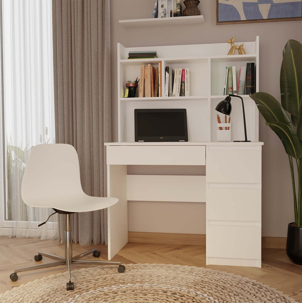 Schreibtisch MIJAS Rechts mit Aufsatz Mattweiß 4 Schubladen 4 Regale für Büro Zimmer – Produktabbildung 2