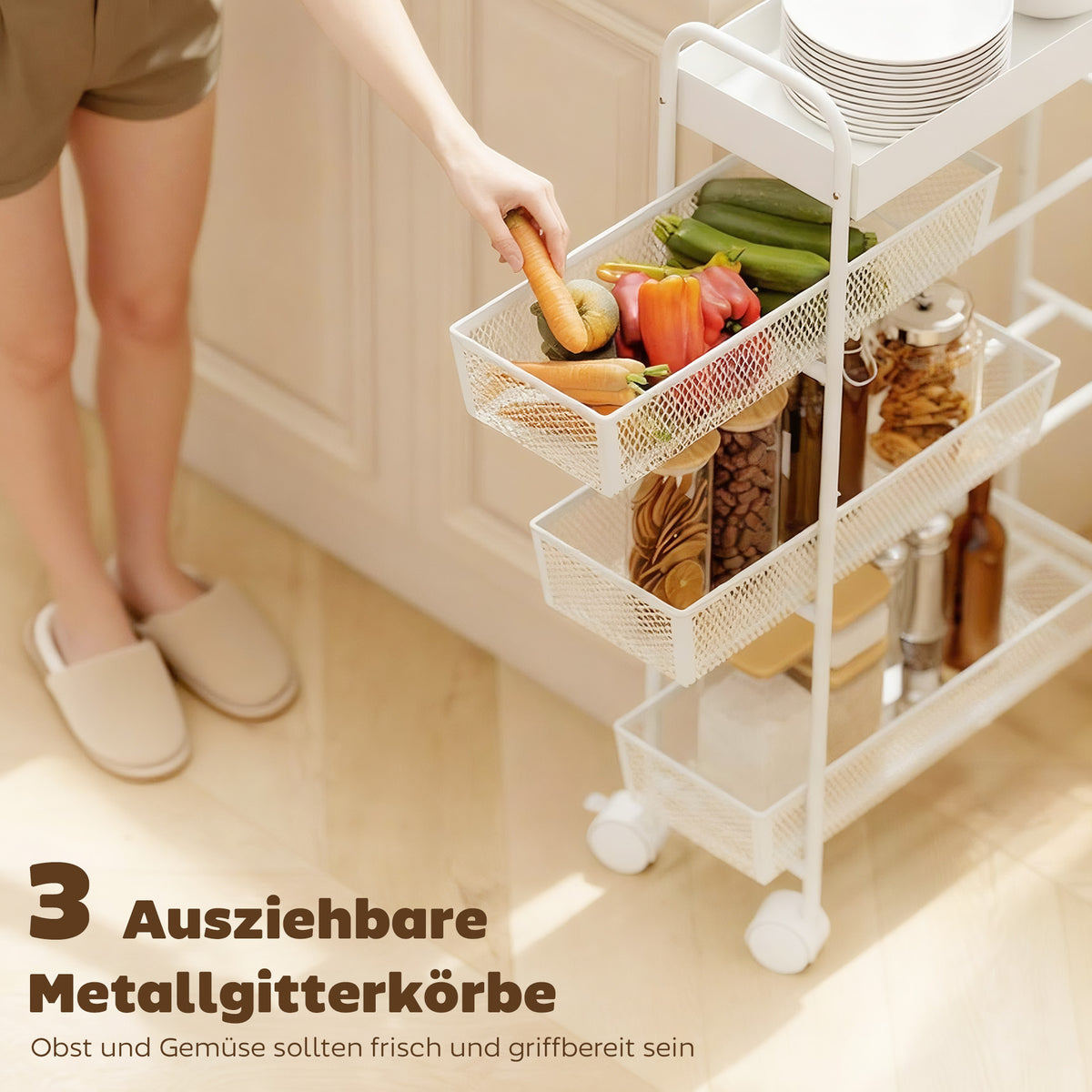HOMCOM Küchenwagen aus Metall, 3 Körbe, schmales Design, 4 Räder, für Küche, Wohnzimmer, Badezimmer – Produktabbildung 4
