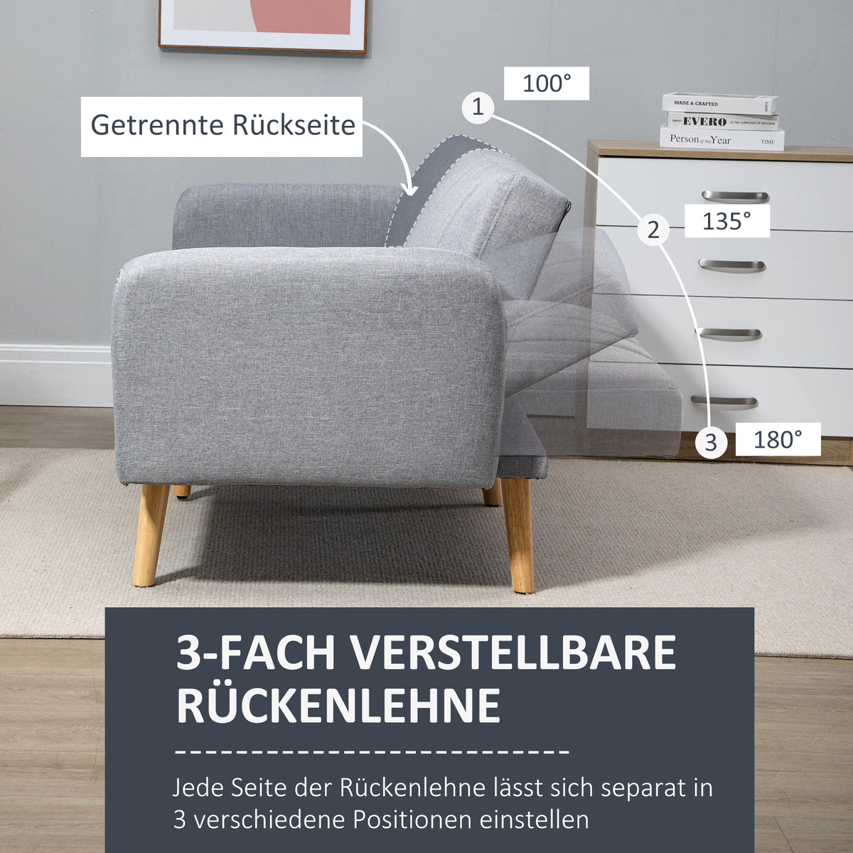 HOMCOM Schlafsofa, 2-Sitzer Stoffsofa, Sofa mit Schlaffunktion, leinenartiges Polyester, Kautschukholz – Produktabbildung 5