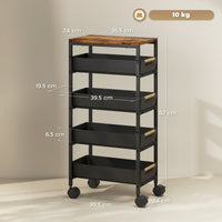 HOMCOM 5-stufiger Küchenwagen, Holzoptik, rollbar, Metallrahmen, 4 Schubladen, Schwarz – Produktabbildung 3