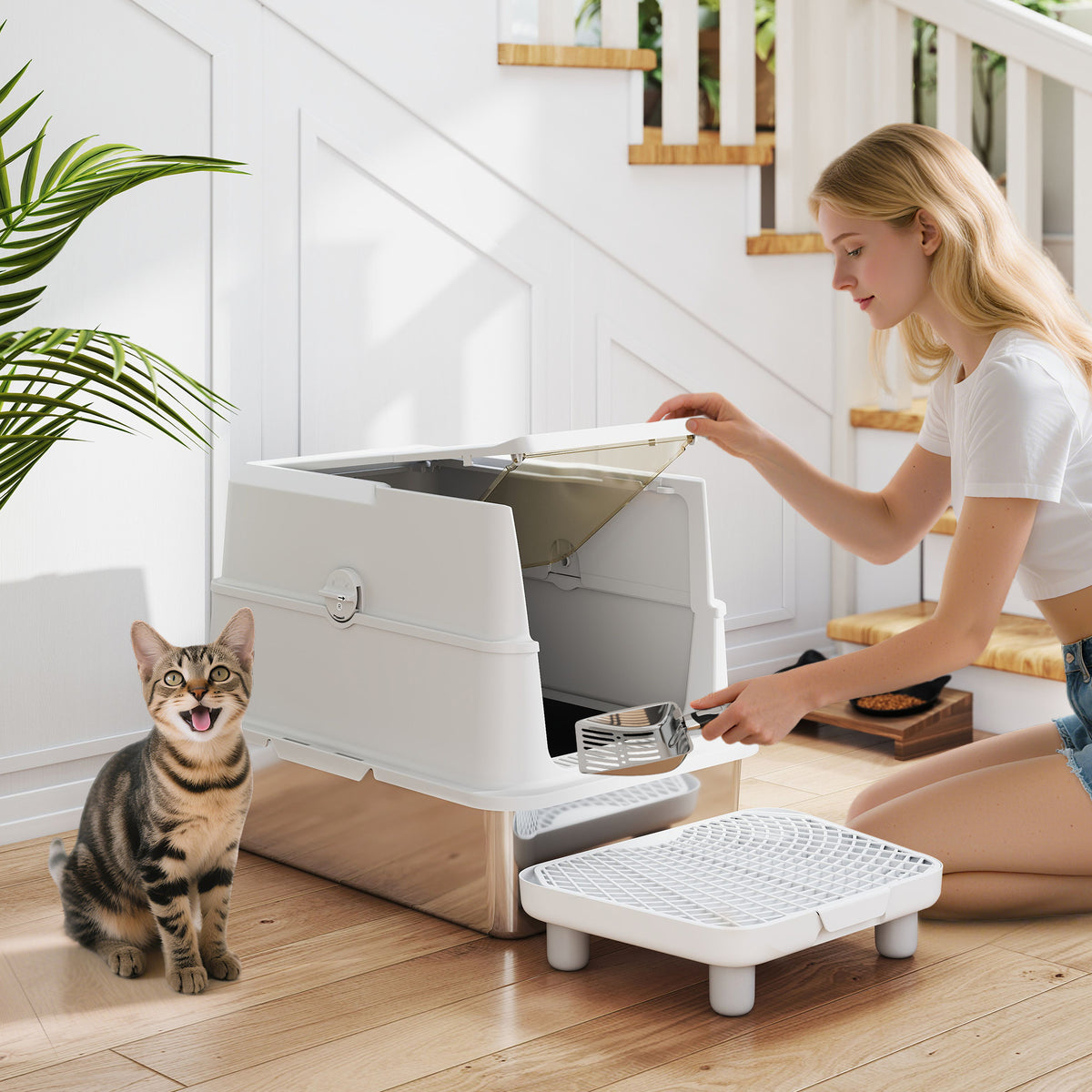 PawHut Katzentoilette, Edelstahl, XL-Innenraum, mit Schaufel, Hellgrau – Produktabbildung 2