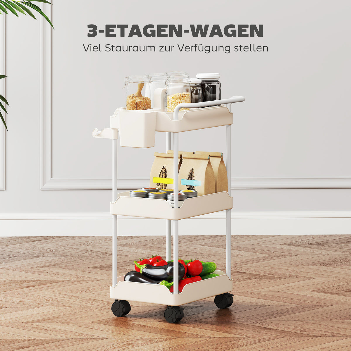 HOMCOM Aufbewahrungswagen, 3 Körbe, Handtuchhalter, Räder, Griff, Metallgestell, Weiß – Produktabbildung 4
