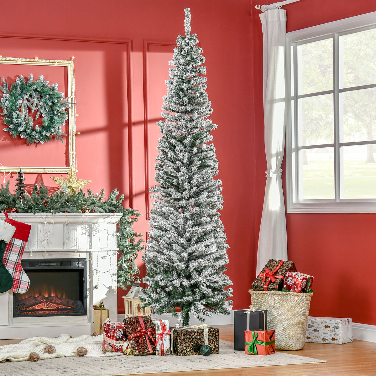 HOMCOM Künstlicher Weihnachtsbaum 225 cm Bleistift Kiefernbaum mit Schnee, 738 Spitzen für drinnen – Produktabbildung 2