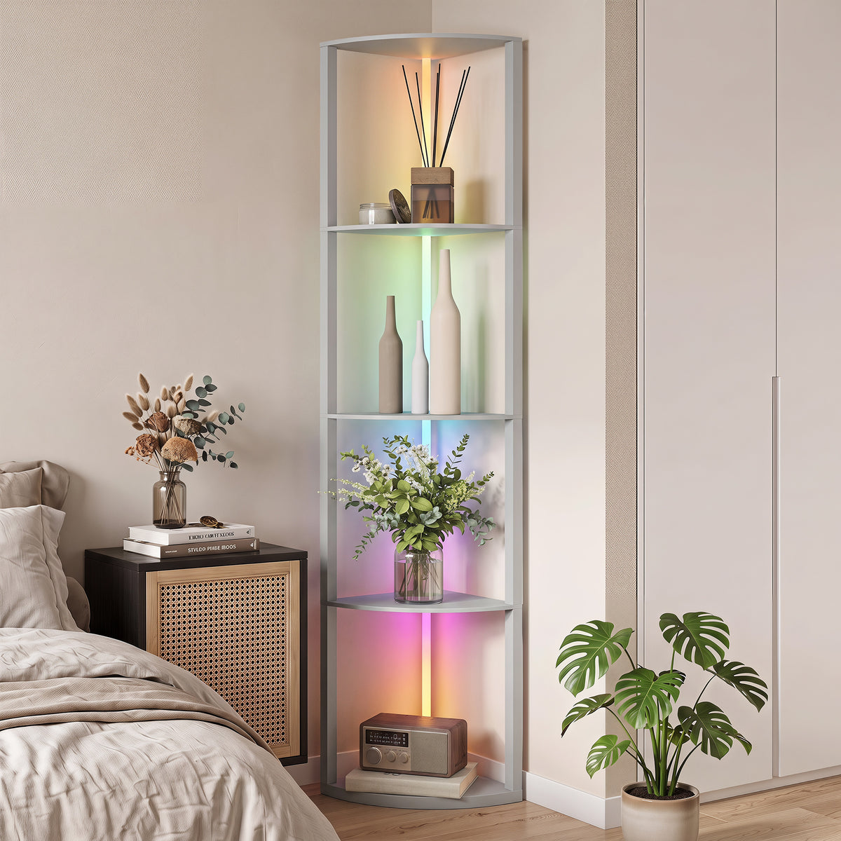 HOMCOM LED Stehlampe 5-stufige dimmbar Stehleuchte mit Regal, RGB Farbwechsel, Fernbedienung – Produktabbildung 2