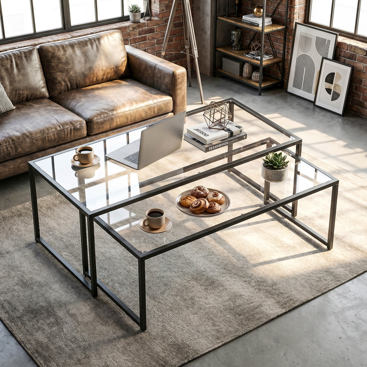 HOMCOM 2er-Set Couchtische, Glastische, mit pulverbeschichtetem Stahl, Schwarz + Transparent – Produktabbildung 2