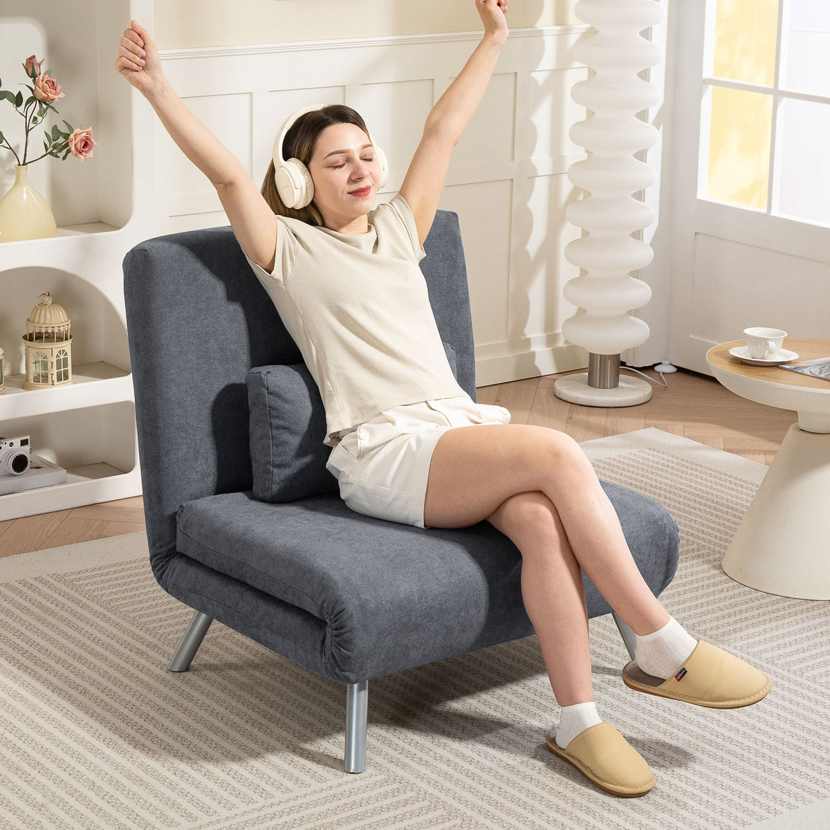 HOMCOM Polstersessel mit Bettfunktion, 3-in-1 Design, Schlafsessel, Gästebett, Stoffbezug, mit Kissen – Produktabbildung 2