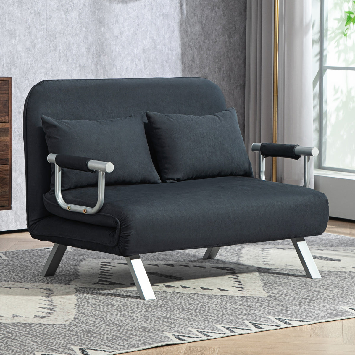 HOMCOM Schlafsofa, 5-fach verstellbar, Wildlederimitat, Stahlrahmen, inkl. Kissen, Schwarz – Produktabbildung 2