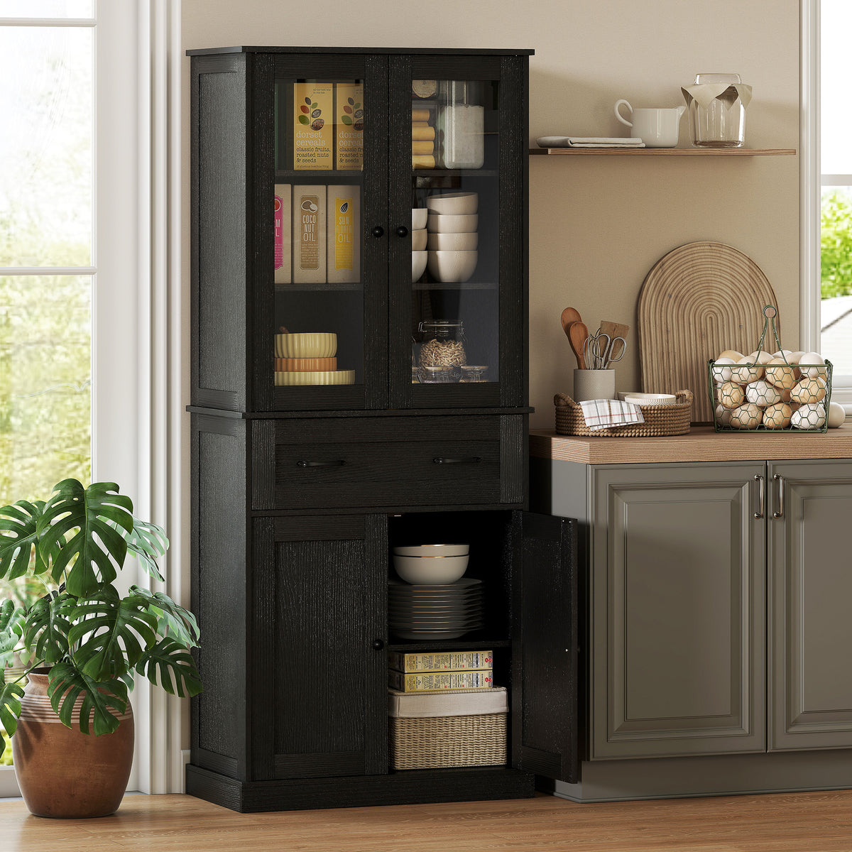 HOMCOM Küchenschrank, Buffet, Acrylfront, Schubladen, 76 x 40 x 182,5 cm, Schwarz – Produktabbildung 2
