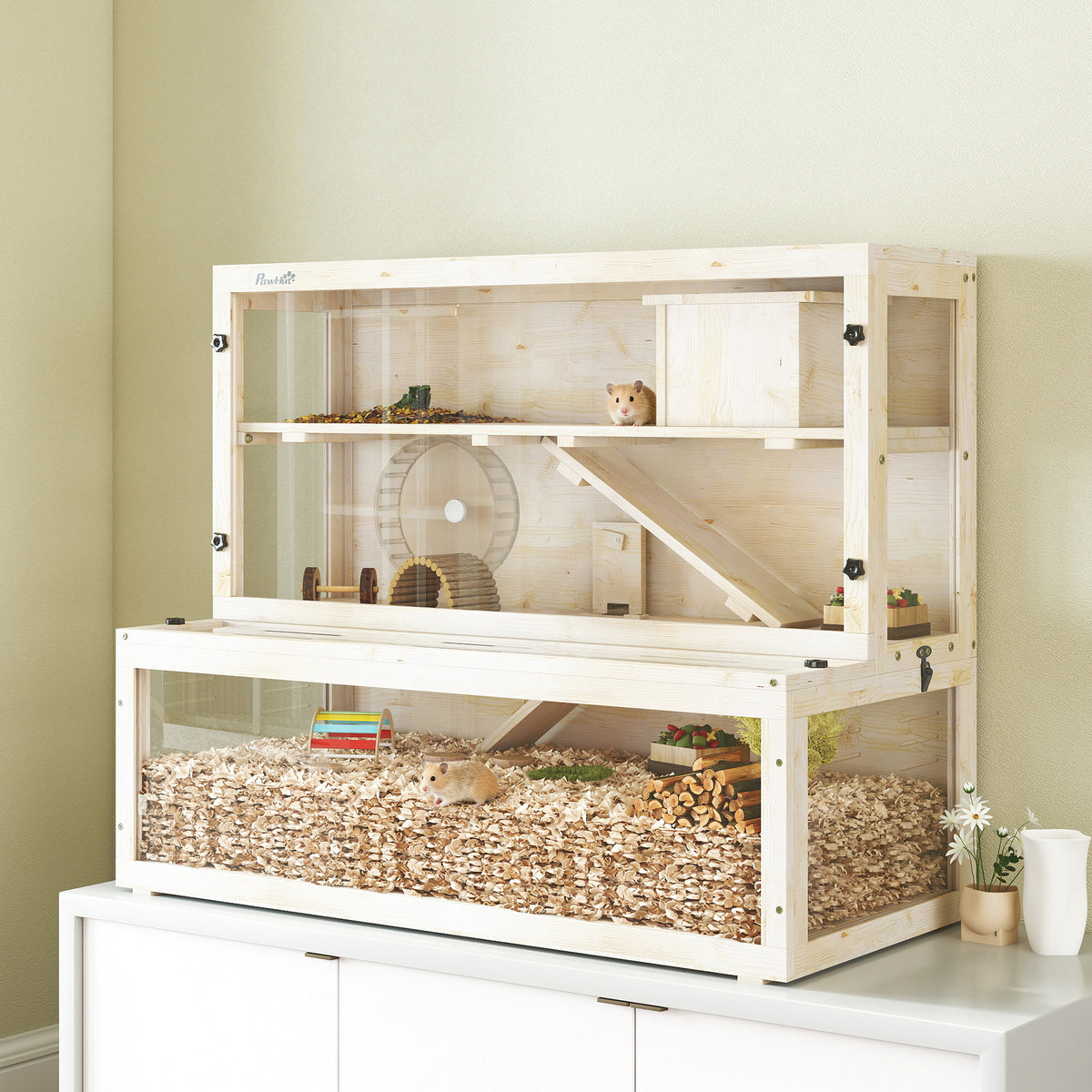 PawHut Hamsterkäfig, 3 Ebenen, Hütte, Zubehör, 100 x 50 x 84 cm, für mehrere Kleintiere, Holz – Produktabbildung 2