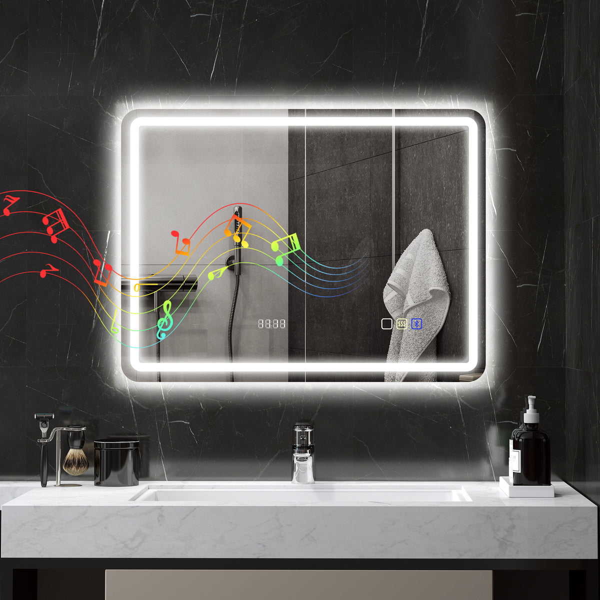 HOMCOM Badezimmerspiegel mit LED-Beleuchtung, Anti-Beschlags-Pad, 3 verstellbare Farben, Uhr, 600 x 800 – Produktabbildung 2