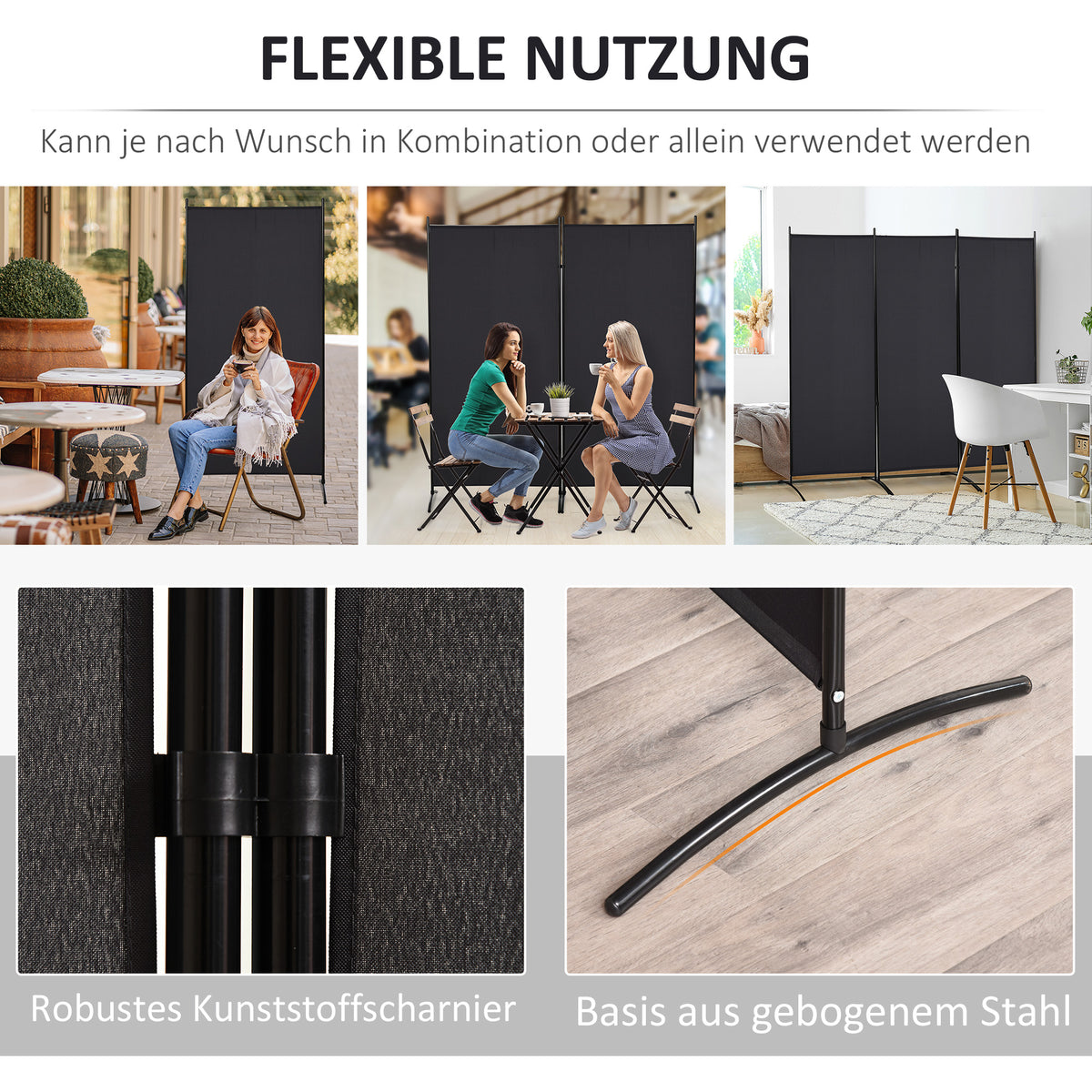 HOMCOM Raumteiler, 3-teiliger Sichtschutz, Raumtrenner mit Metallrahmen, Schwarz – Produktabbildung 6