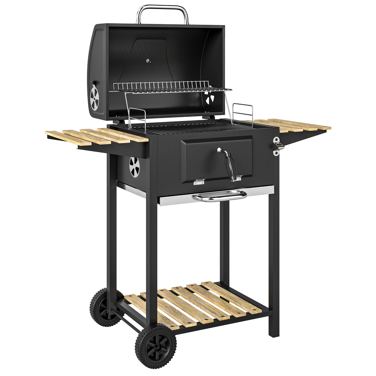 Outsunny Holzkohlegrill, höhenverstellbare Kohlenpfanne, Grillwagen, Regale, Thermometer, Flaschenöffner
