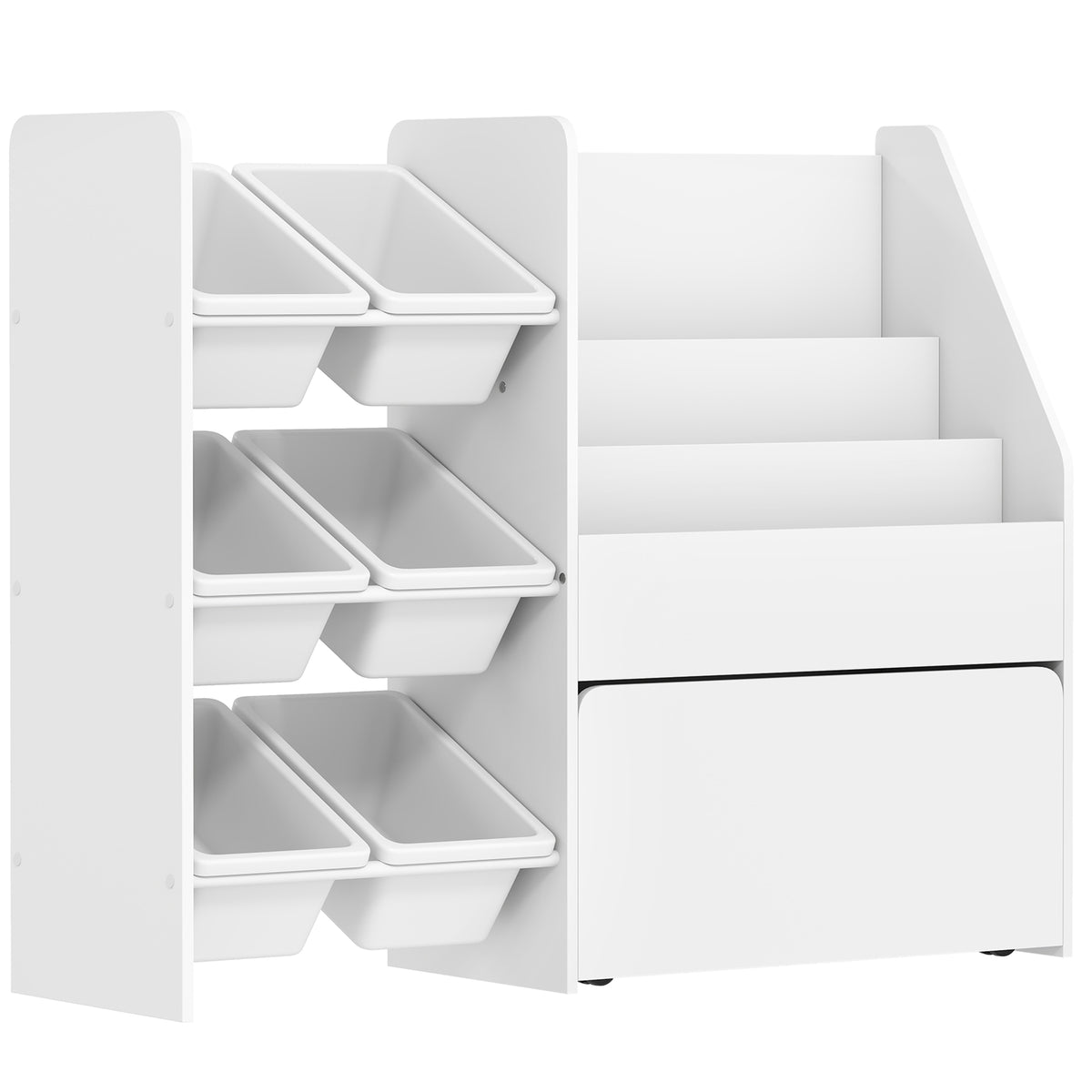Spielzeugregal, Kinderzimmerregal mit 6 Behälter, Bücherablage, rollbare Box, 100 x 30 x 80 cm, MDF, Stahl
