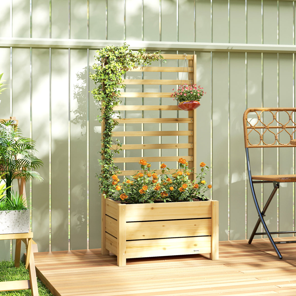 Outsunny Hochbeet mit Rankgitter Holz erhöhter Blumenkasten mit Spalier Abflussloch Vliesstoff 60 x 39 x – Produktabbildung 2