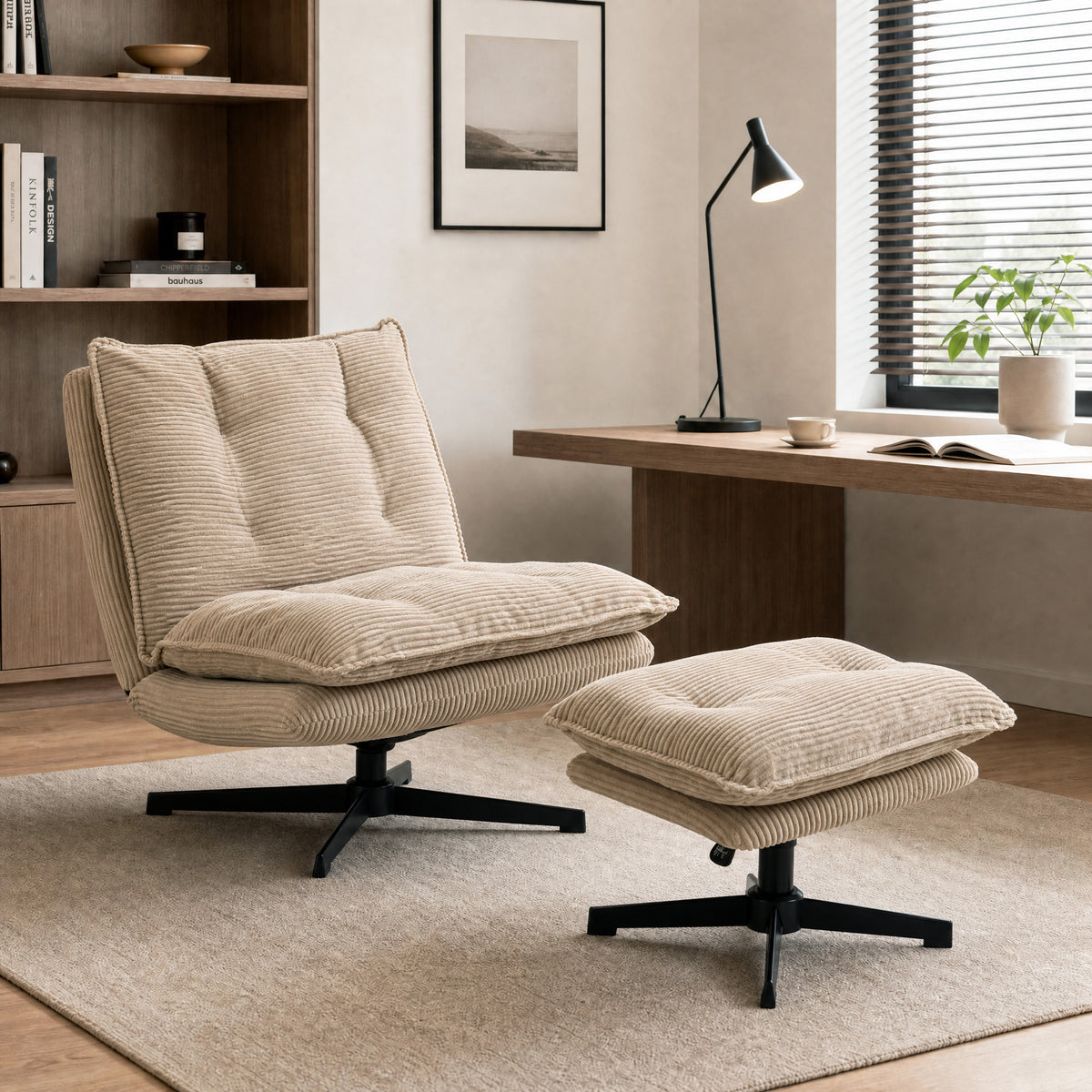 HOMCOM Loungesessel mit Hocker, 360° drehbar, Cordbezug, höhenverstellbare Fußstütze, Beige – Produktabbildung 2