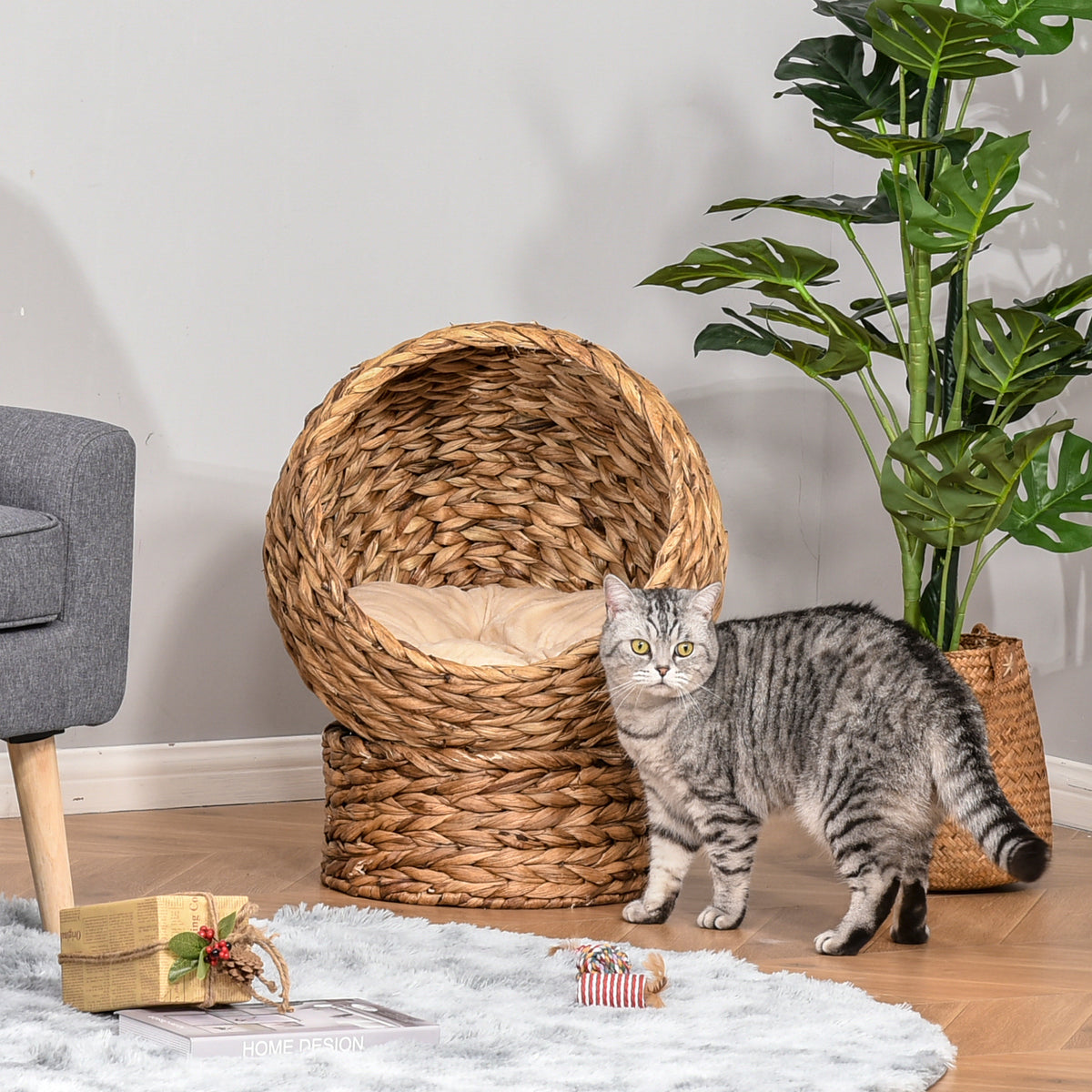 PawHut Rattan Katzenkorb Katzenhöhle Katzenhütte Katzenbett mit Kissen Haustierbett Wasserhyazinthe – Produktabbildung 2