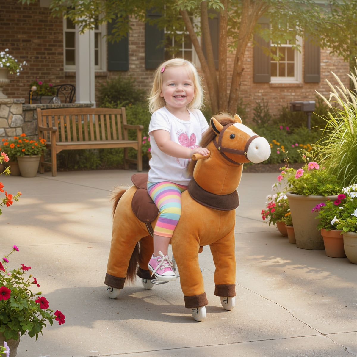 Reitpferd für Kinder, Stoffbezug, stabiler Rahmen, sanfte Räder, Schaukelpferd, 3-5 Jahre, Dunkelbraun – Produktabbildung 2