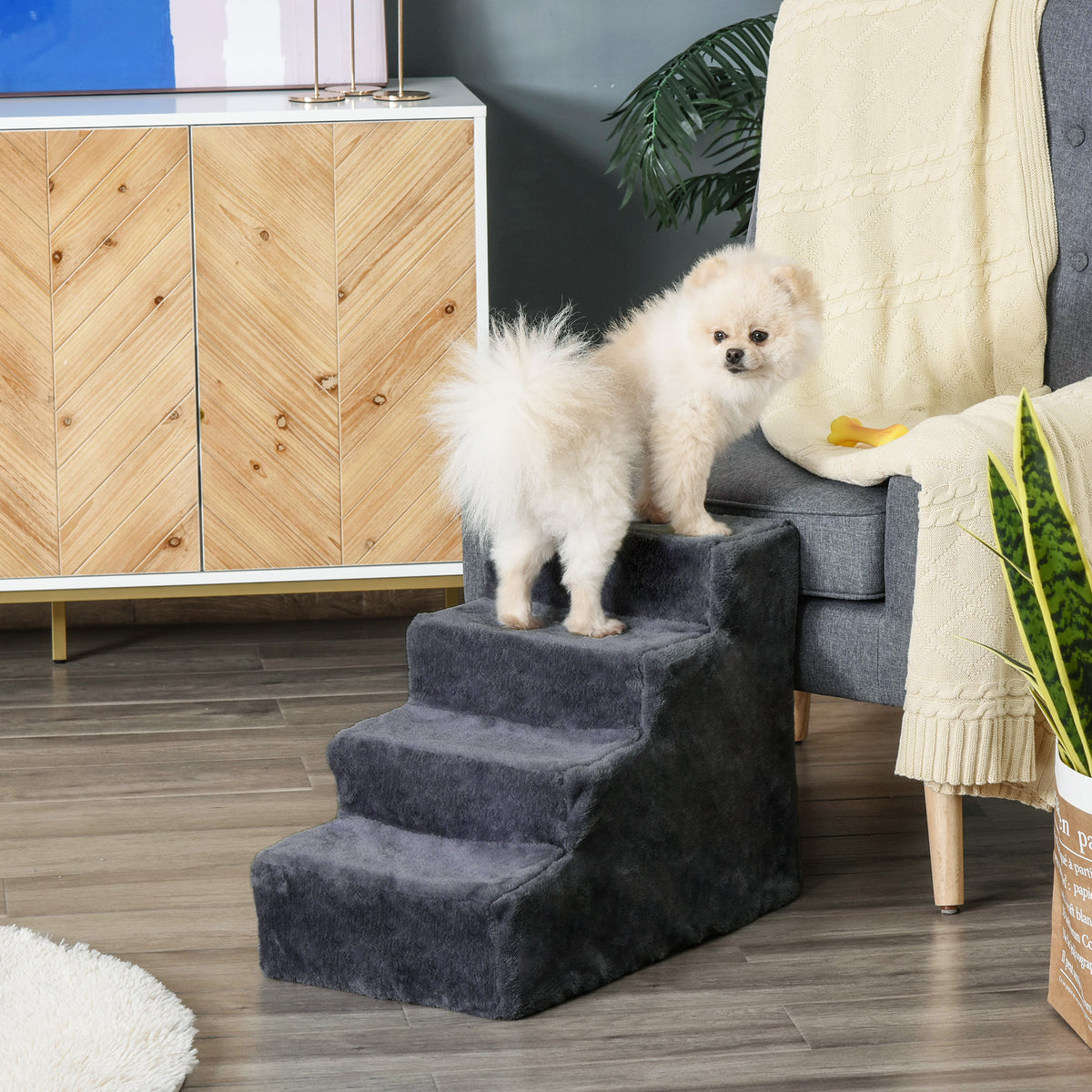 PawHut Hundetreppe 4-Stufig Abnehmbarer Bezug Für Kleine Hunde 44 cm Dunkelgrau – Produktabbildung 2