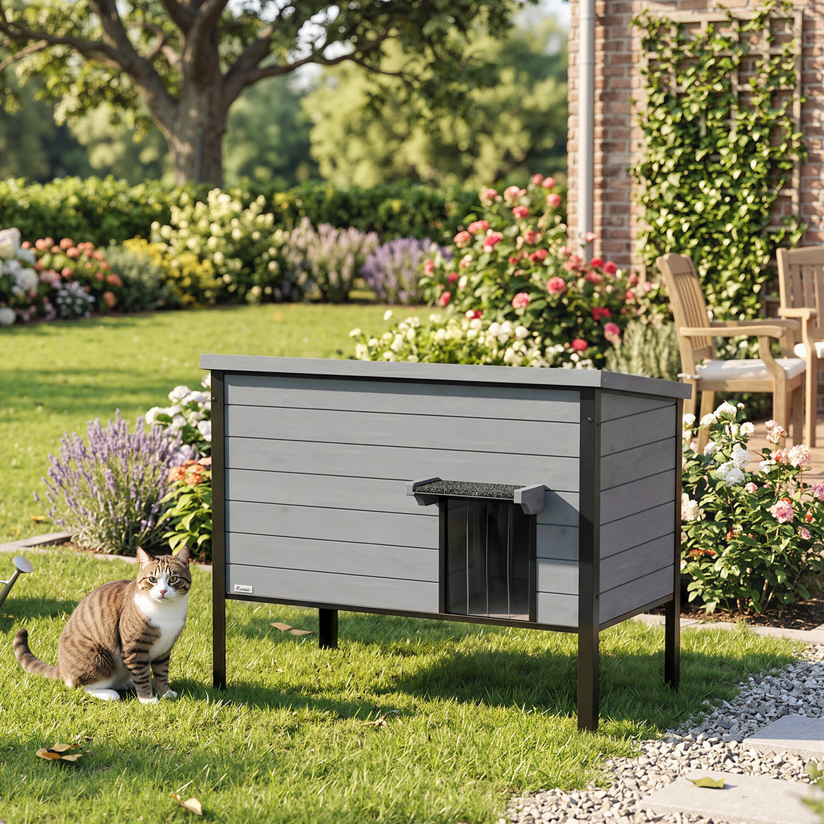 PawHut Wetterfest Katzenhaus mit aufklappbarem Dach herausnehmbarem Boden Eingang für 1-2 Katzen bis 12 – Produktabbildung 2