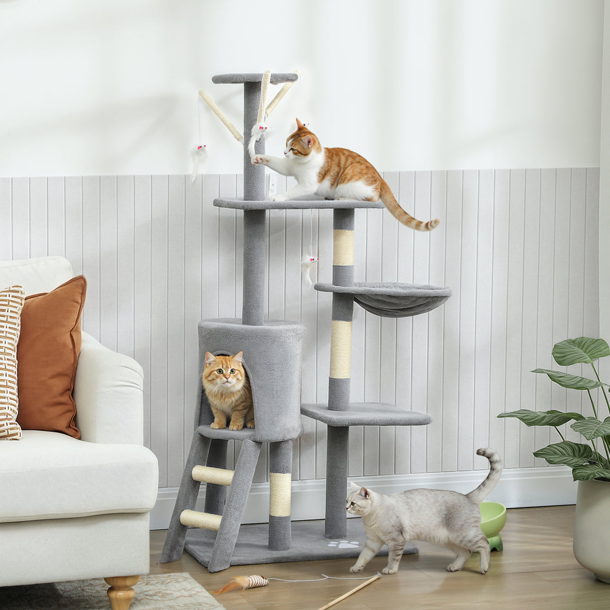PawHut Kratzbaum Katzenbaum mit Höhle, 4 Spielzeuge, Sisalstämme, große Plattform, Treppe, für Katzen – Produktabbildung 2