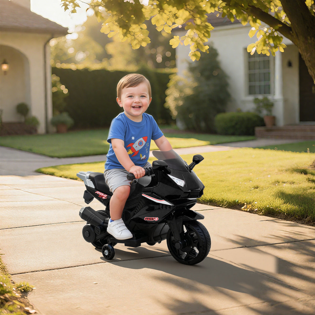 Elektro-Motorrad für Kinder, Hupe, Scheinwerfer, Musikfunktion, 2,5 km/h, Schwarz – Produktabbildung 2